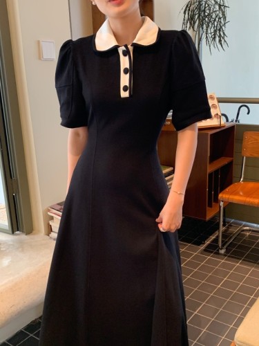 Actual shot Korean style simple casual polo collar contrasting color age-reducing waist slimming puff sleeve mid-length dress