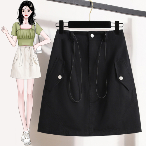 7702 Real shot ~ Large size drawstring workwear skirt for small people, summer women's high waist, hip-covering, slimming A-line hip-covering short skirt
