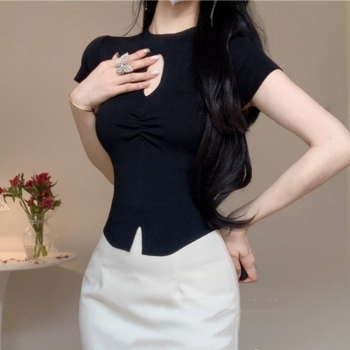 Amy's shop foreign trade quality knitted summer women's ice silk knitted slim slim T-shirt sexy thin short top