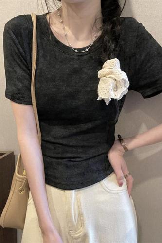 Real shot of gray short-sleeved T-shirt for women summer short slim-fitting top women's T-shirt