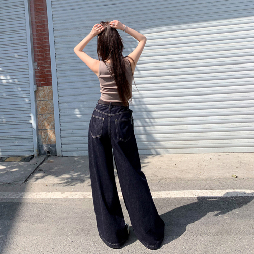 Actual shot of retro loose wide-leg pants, floor-length, versatile straight-leg jeans for women, spring and summer new & longer trousers