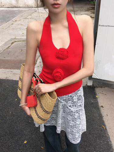 Real shot of hot girl flower backless knitted halter top for women summer slim fit short top