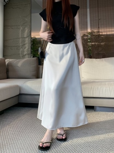 Actual shot of the new Korean style high-waisted slimming and versatile acetate satin super drape midi skirt