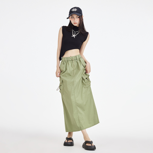 Real shot of Tencel cotton thin workwear drawstring skirt new slit casual mid-length skirt for women