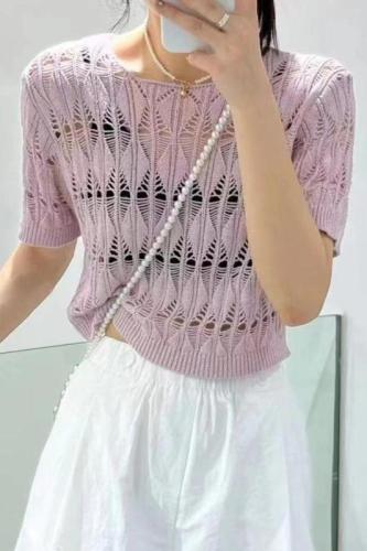 天猫品质薄款镂空小众设计感短袖上衣夏季新小个子显瘦针织衫