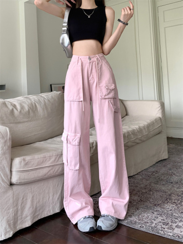 Real shot of American retro overalls, jeans, women's spring high-waisted straight wide-leg pants, loose long pants, trendy