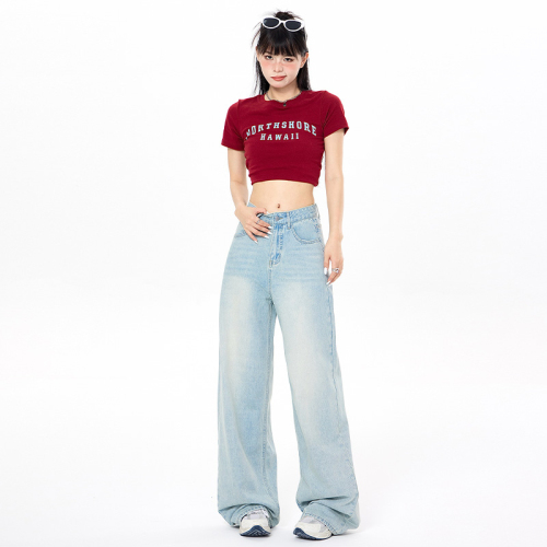 Actual shot of wide-leg jeans 2024 new early spring high-waisted straight-leg loose slimming pear-shaped body mopping pants