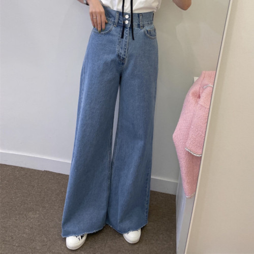 High-waisted slim casual two-button wide-leg raw edge jeans for women