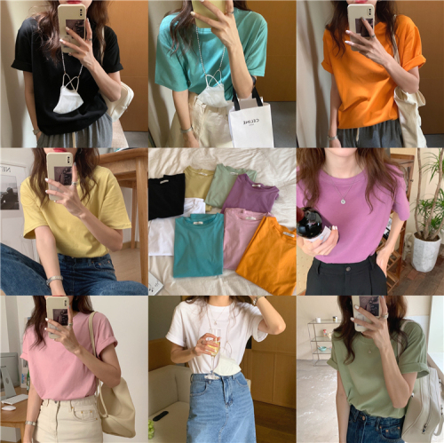 Real shot Korean cotton basic summer solid color round neck versatile pullover short-sleeved T-shirt for women in 8 colors