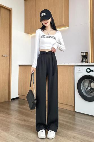 黑色西装裤高级感垂感新款韩版小个子复古中国风窄版阔腿拖地长裤