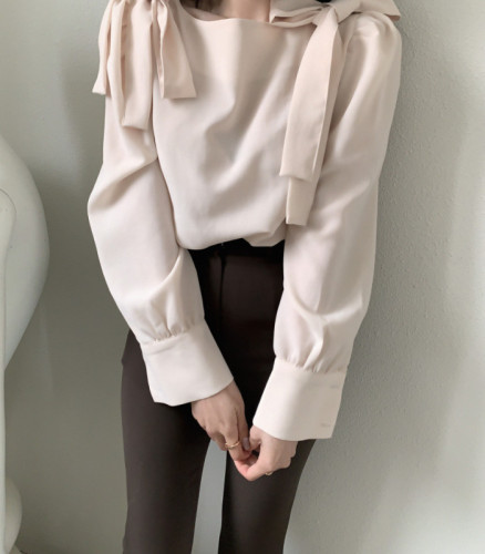 INS Korea~Beautiful pink puff sleeve shirt for women with niche French style sweet shoulder bow long sleeves