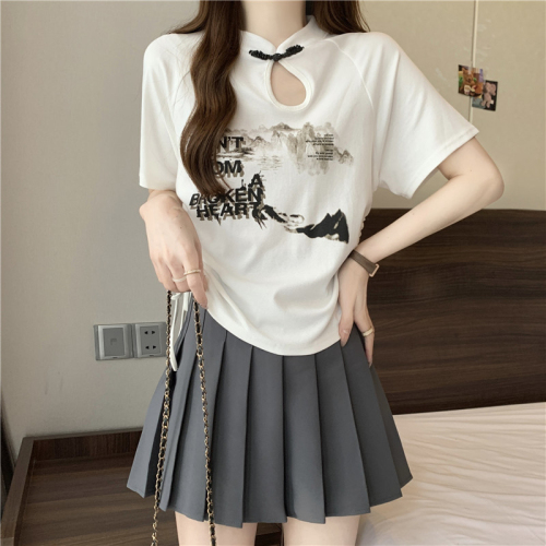 Real shot of chic Hong Kong style retro new Chinese chic sweet and spicy short top design niche short-sleeved T-shirt for women summer