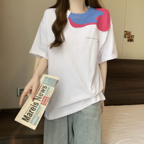 Actual shot of 21-count pure cotton high-density 2024 summer knitted splicing short-sleeved T-shirt women's printed loose top