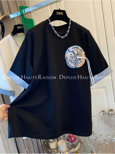 DHR 新中式国风重工刺绣盘扣提花缎面假两件短袖T恤上衣女装新款