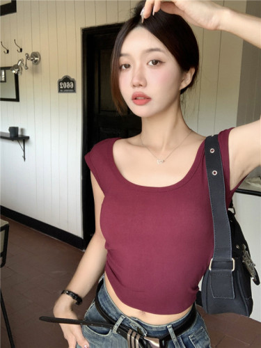 Real shot ~ hot girl with beautiful back, small vest, round neck, slim fit, slimming female summer short sleeveless top