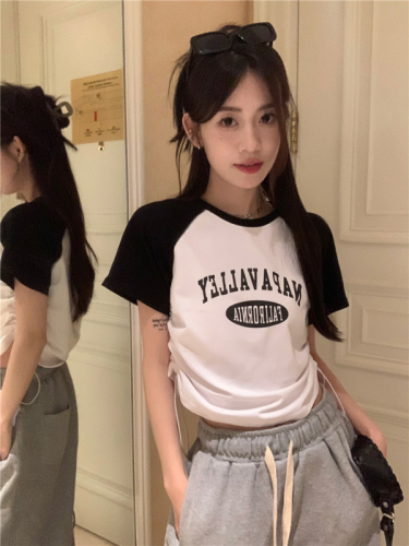 Real shot Summer loose and versatile contrasting color stitching drawstring short letter printed round neck short-sleeved T-shirt top