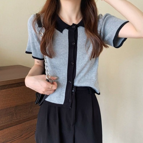 chic港味上衣短袖夏季韩版显瘦修身Polo领针织开衫薄款短款T恤女