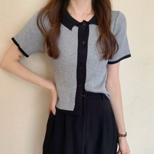 chic港味上衣短袖夏季韩版显瘦修身Polo领针织开衫薄款短款T恤女