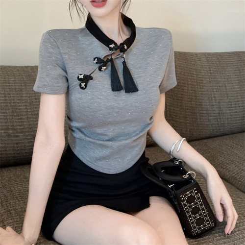 Actual shot ~ New Chinese style plate buckle tassel pleated waist T-shirt with fashionable design, slimming and slimming diamond national style top