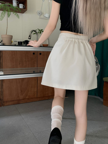 Real shot French bow sweet A-line skirt for women Korean casual high-waisted slim suit short skirt