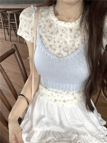 Real shot~Summer new style retro floral top knitted vest suspender fresh two-piece set