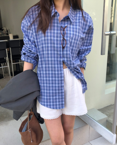 纯棉 韩国chic春日单排扣蓝色格子衬衫女燕尾长袖衬衣