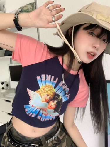 Actual shot of summer angel print contrasting color short-sleeved T-shirt for women, short, slim, Korean style, age-reducing, versatile top