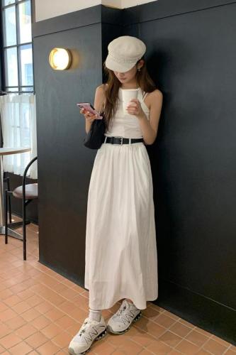 Actual shot of 2024 summer new style high-waisted slim white mid-length skirt with feminine temperament and versatile a-line long skirt