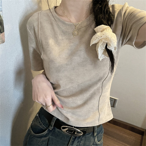 Real shot of gray short-sleeved T-shirt for women summer short slim-fitting top women's T-shirt