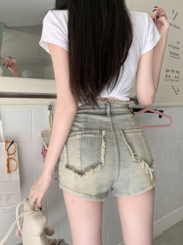 Actual shot of 2024 spring and summer new retro wavy edge shorts high waist slim jeans women's thin hot pants