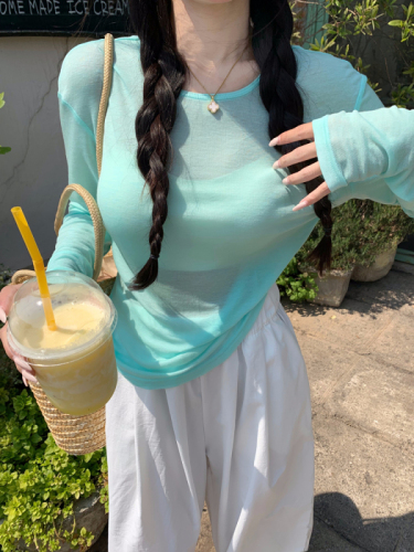 Real shot of mint green petite long-sleeved sun protection thin slightly see-through top straight lazy casual pants two-piece set