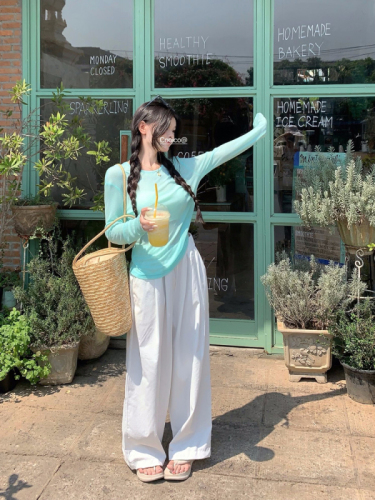 Real shot of mint green petite long-sleeved sun protection thin slightly see-through top straight lazy casual pants two-piece set