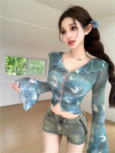 Actual shot of printed mesh ruffled V-neck trumpet sleeve slim pure desire short top cardigan