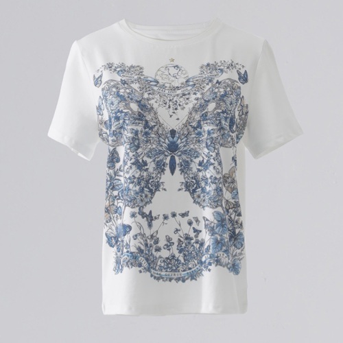 Real shot of white butterfly print short-sleeved T-shirt summer 2024 round neck design loose and versatile slimming top for women
