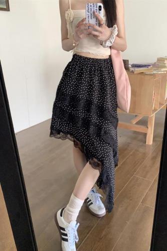Actual shot ~ Designed French retro irregular polka dot splicing lace skirt