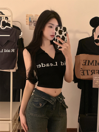 Real shot!  Spring new hot girl polo collar camisole women's inner letter bottoming top