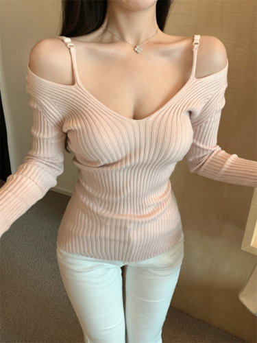 Actual shot of new spring fake two-piece V-neck pure desire knitted sweater