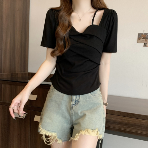 Real shot of rayon 2*2 2024 summer design niche short-sleeved T-shirt women's slim suspender square neck top