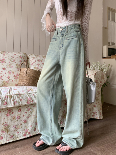 Actual shot~Large size high-waist slim denim trousers for women washed versatile wide-leg floor-length trousers