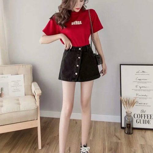 Jeans skirt shorts women's summer skirt high-waisted A-line short skirt loose-breasted and slim Korean version for small students