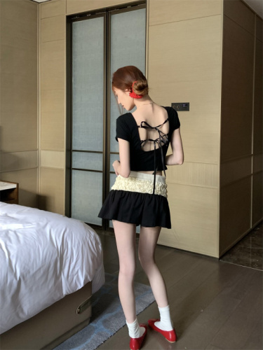 Actual shot of bow-knot backless short-sleeved + lace ballet-style design A-line skirt two-piece set
