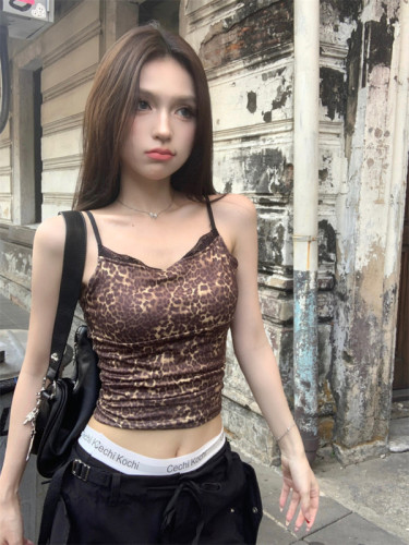 Real shot of leopard print sexy hottie short camisole + casual straight wide leg drawstring overalls
