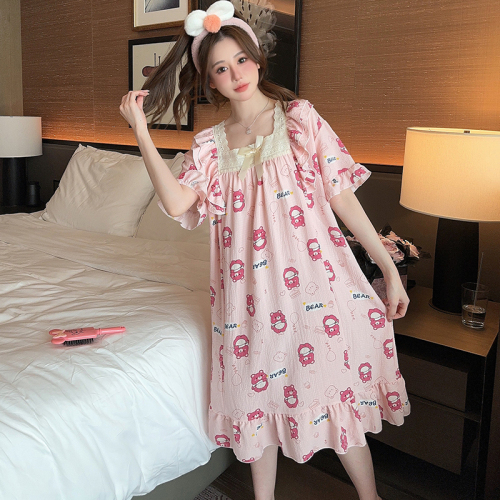 睡衣女夏季韩版新款泡泡棉短袖睡裙宽松加肥大码220斤可穿家居服