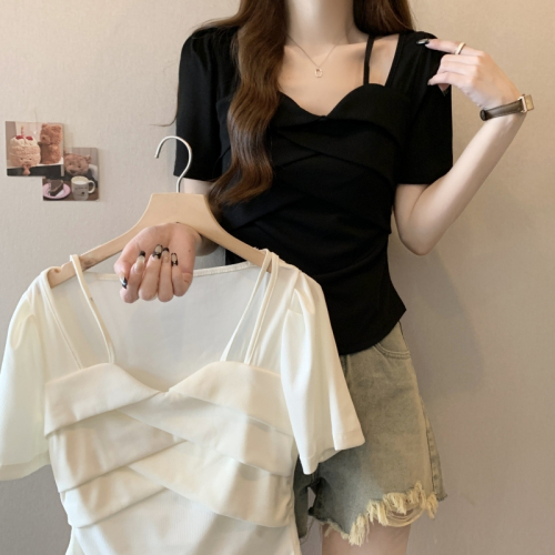 Real shot of rayon 2*2 2024 summer design niche short-sleeved T-shirt women's slim suspender square neck top