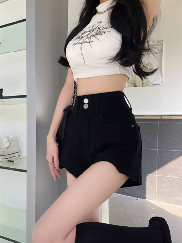 Hot girl showing long legs black denim shorts for women summer 2024 plus size fat mm high waist slimming casual hip-covering hot pants