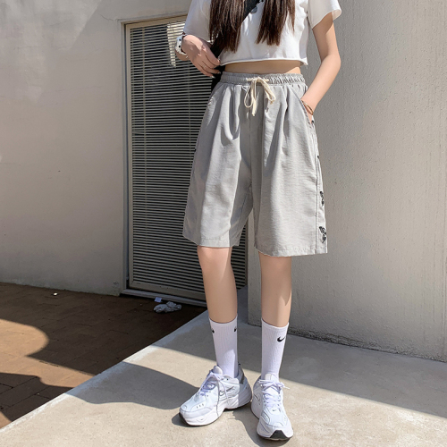 Real shot summer Korean style loose street fashion brand high waist versatile overalls casual sports pants medium pants for women