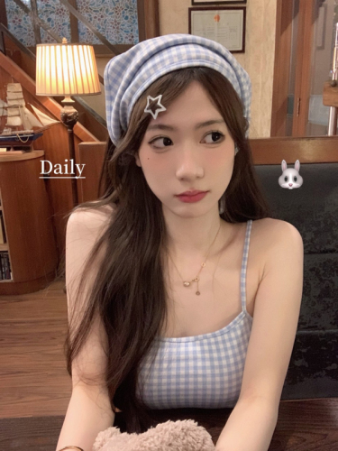 Official photo with headscarf Pure desire blue plaid small camisole women's summer slim-fitting inner wear short top