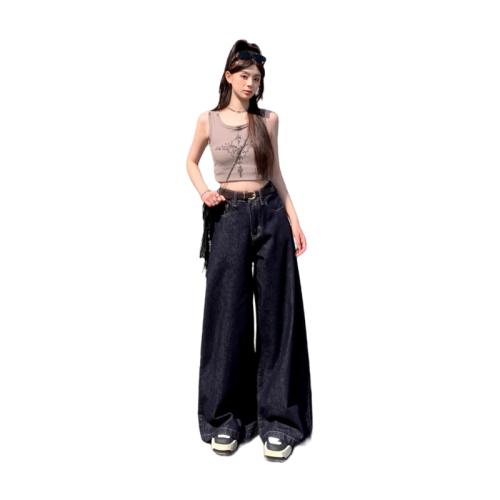 Actual shot of retro loose wide-leg pants, floor-length, versatile straight-leg jeans for women, spring and summer new & longer trousers