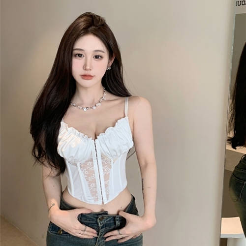 Real shot~Camisole top for women with spring and summer European and American ins niche slim-fitting fishbone lace tops for hot girls