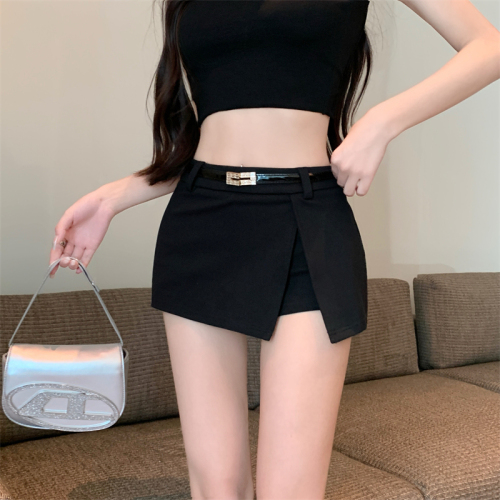 Real shot ~ hot girl slit short skirt women's anti-exposure a-line skirt small butt-covering casual skirt with belt